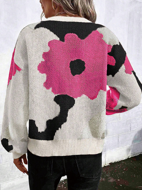 Asymmetric Knitted Flower Split-Joint Loose Puff Sleeves Round-Neck Sweater Tops