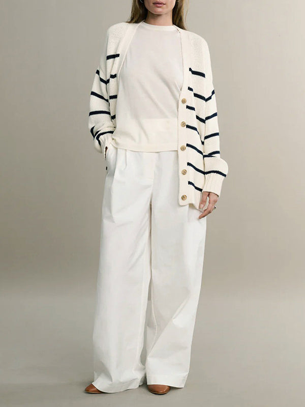 Split-Joint Striped Long Sleeves Loose V-neck Cardigan Tops