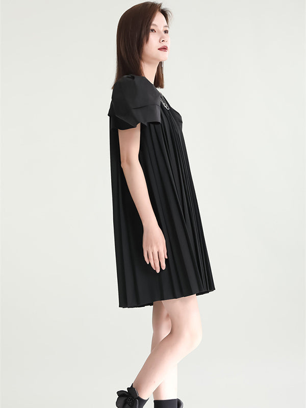 Urban Puff Sleeves Split-Joint Black Pleated Mini Dress