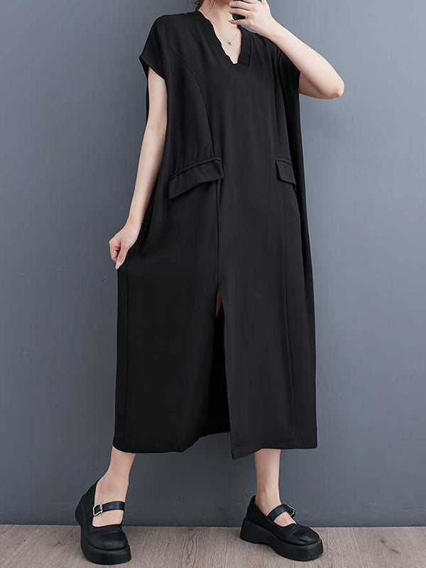Solid Color Split-Front Split-Joint A-Line Loose V-Neck Midi Dresses