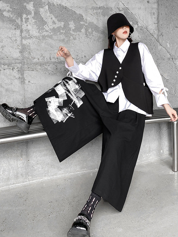 Original Loose Lace-Up Hollow Sleeve Blouse+Black Vest+Wide Leg Pants Culotte Three Pieces Set