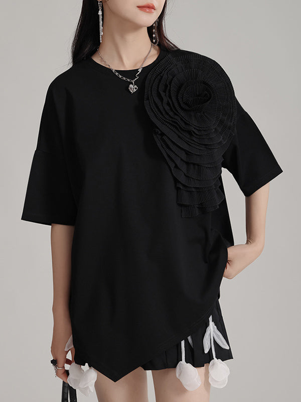 Asymmetric Solid Color Three-Dimensional Flower Loose Short Sleeves Round-Neck T-Shirts Tops