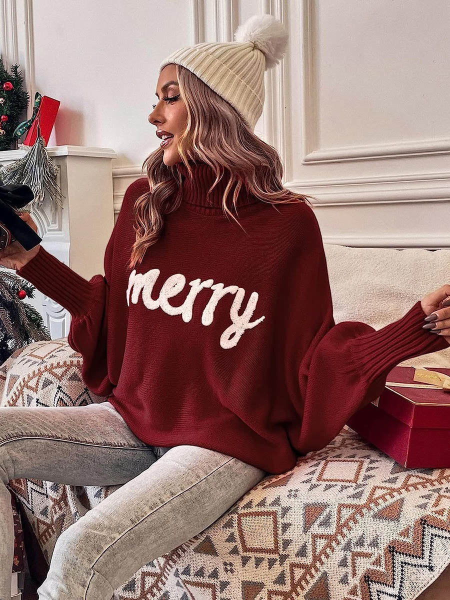 Contrast Color Printed Split-Joint Long Sleeves Loose High Neck Sweater Tops