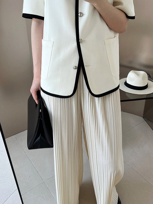 Pleated Solid Color Wide Leg Pants Bottoms