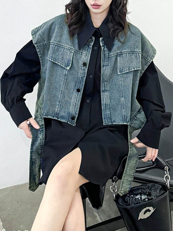 Pleated Solid Color Split-Joint Loose Sleeveless Lapel Blouses