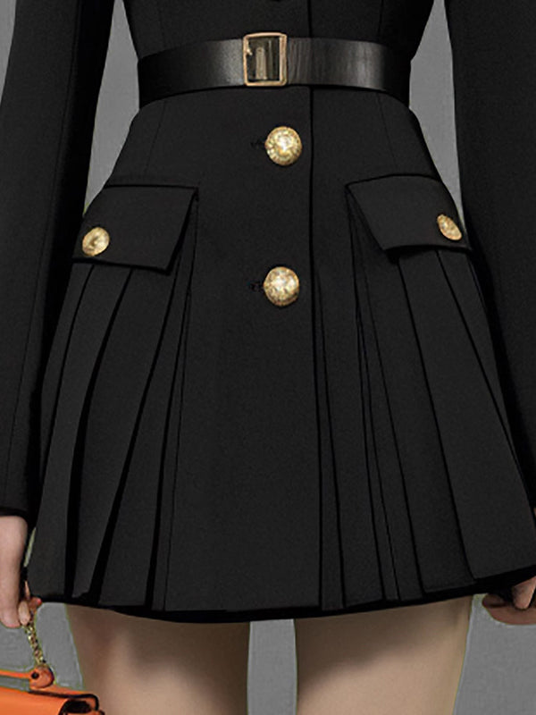 Belted Buttoned Contrast Color Pleated Single-Breasted Elasticated Waist Long Sleeves Lapel Shirt Dress Mini Dresses