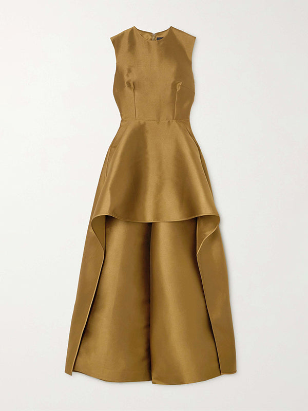 Sleeveless Wrap Falbala Layered Solid Color Zipper Round-Neck Jumpsuits