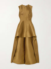 Sleeveless Wrap Falbala Layered Solid Color Zipper Round-Neck Jumpsuits