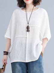 Solid Color Split-Joint Batwing Sleeves Loose Round-neck T-Shirts Tops