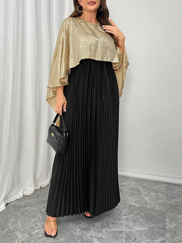 Contrast Color Pleated Shiny Split-Joint High-Low Loose Round-Neck Maxi Dresses
