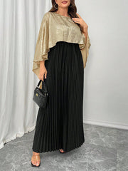 Contrast Color Pleated Shiny Split-Joint High-Low Loose Round-Neck Maxi Dresses