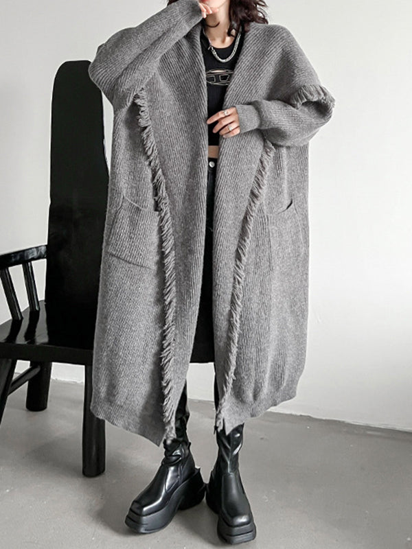 Fringed Pockets Solid Color Long Sleeves Loose V-Neck Cardigan Coats