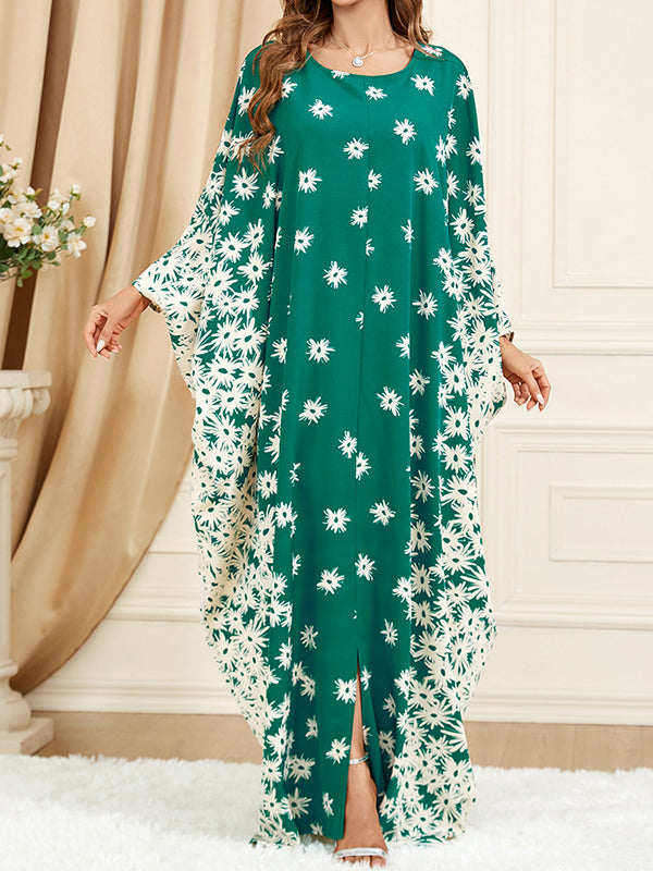 Flower Print Muslim Split-Front Batwing Sleeves Loose Round-Neck Maxi Dresses