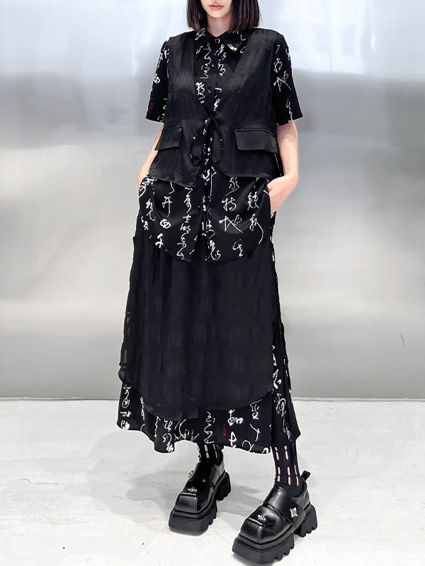 Lace-Up Printed Split-Joint Tiered False Two High-low Lapel Blouses&shirts Tops