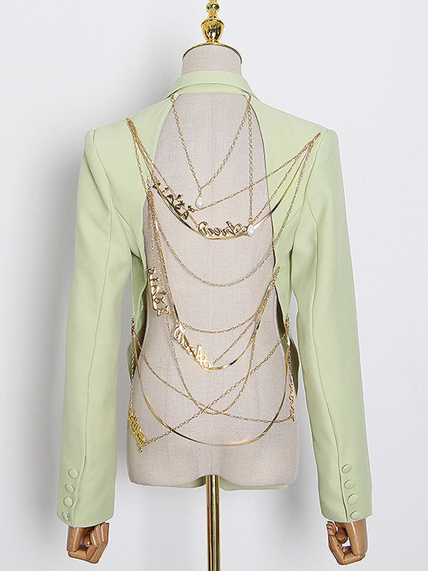 Backless Chains Long Sleeves Notched Collar Outerwear Blazer