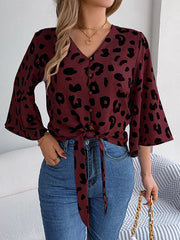 Buttoned Leopard Tied Flared Sleeves Half Sleeves V-Neck Blouses&Shirts Tops