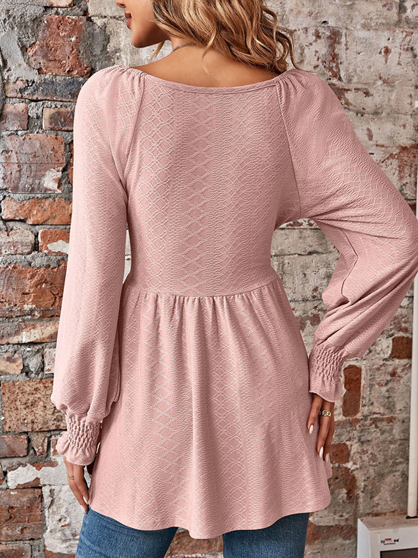 Elasticity Jacquard Pleated Solid Color Long Sleeves V-Neck T-Shirts Tops
