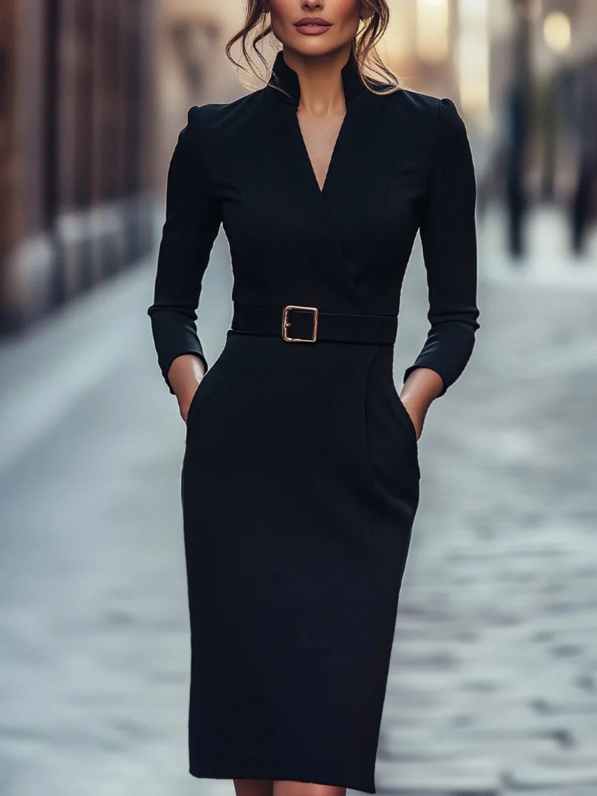 Belted Pockets Long Sleeves V-neck Midi Dresses Long Dresses Bodycon Dresses