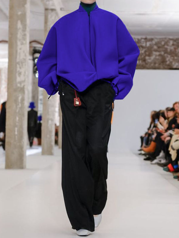 Asymmetric Split-Joint Zipper Loose Puff Sleeves Stand Collar Outerwear