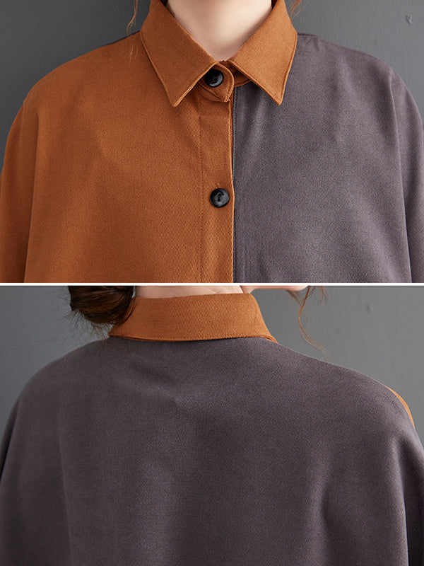 Original Creation Loose Long Sleeves Buttoned Contrast Color Lapel Collar Midi Dresses