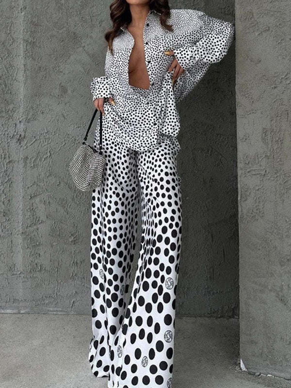 Polka-Dot Long Sleeves Loose Buttoned Contrast Color Pockets Lapel Blouses Tops + Pants Bottom Two Pieces Set