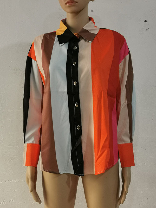 Contrast Color Printed Long Sleeves Loose Lapel Blouses