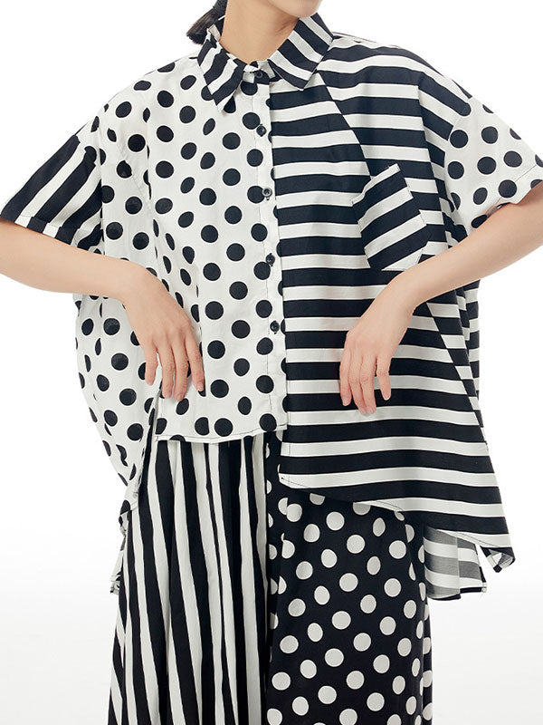 Polka-Dot Split-Joint Striped Irregular clipping Loose Lapel Shirts Tops