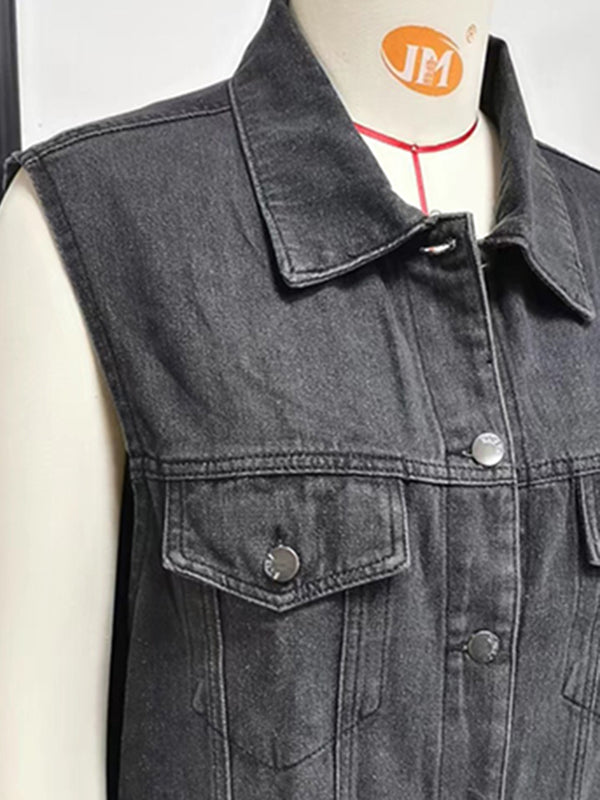 Buttoned Drawstring Pockets Split-Joint Loose Sleeveless Polo Vest Outerwear