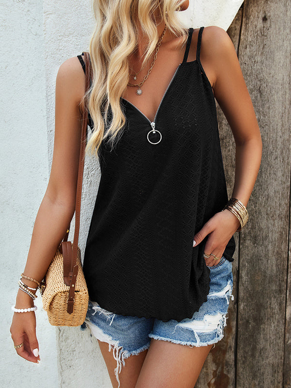 Jacquard Solid Color Zipper Loose Sleeveless Spaghetti-Neck Vest Top