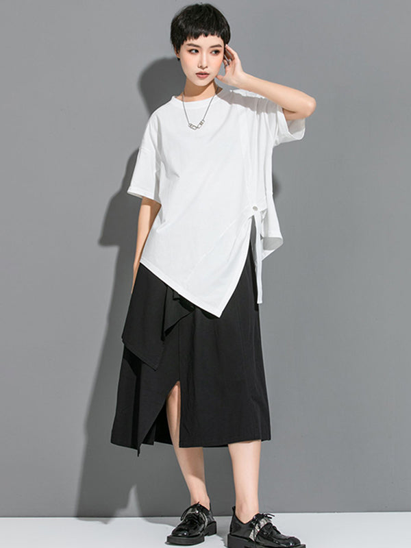 Urban Solid Color Asymmetric Round-Neck T-Shirt Top