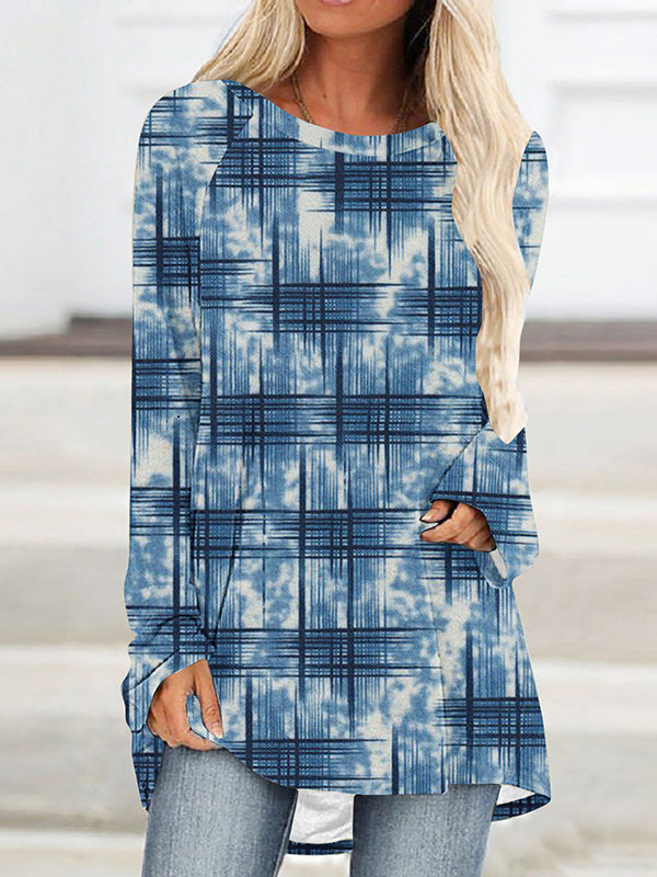 Printed High-low Long Sleeves Round-neck T-Shirts Tops