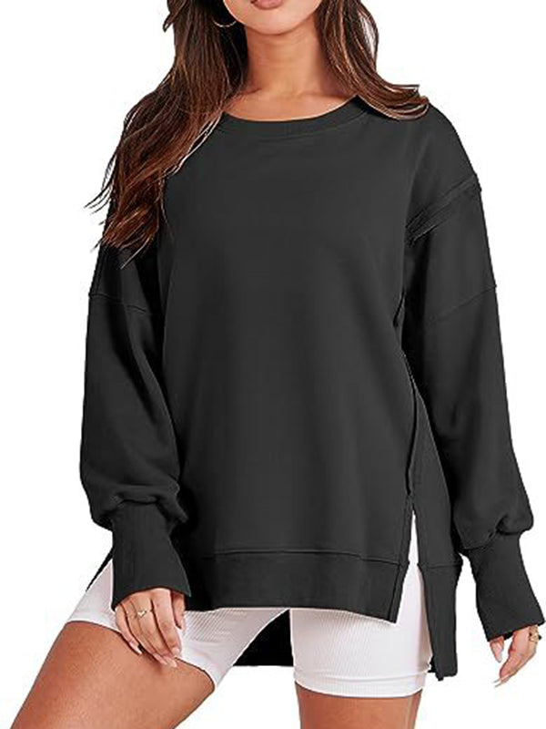Fringed Solid Color Split-Joint Split-Side High-Low Long Sleeves Round-Neck Sweatershirt