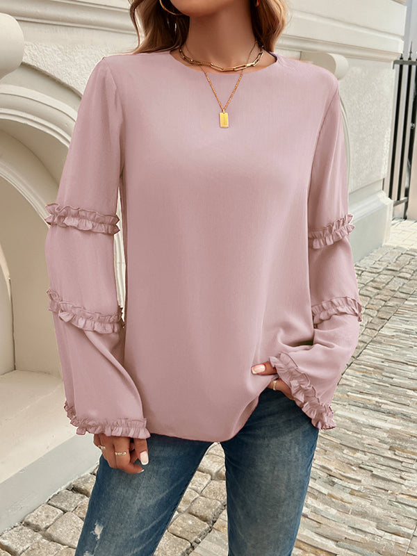 Solid Color Split-Joint Flared Sleeves Long Sleeves Round-Neck T-Shirts Tops
