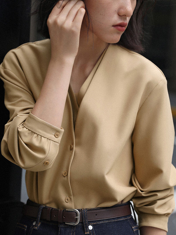 Buttoned Solid Color False Two Long Sleeves V-Neck Blouses&Shirts Tops
