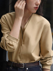 Buttoned Solid Color False Two Long Sleeves V-Neck Blouses&Shirts Tops