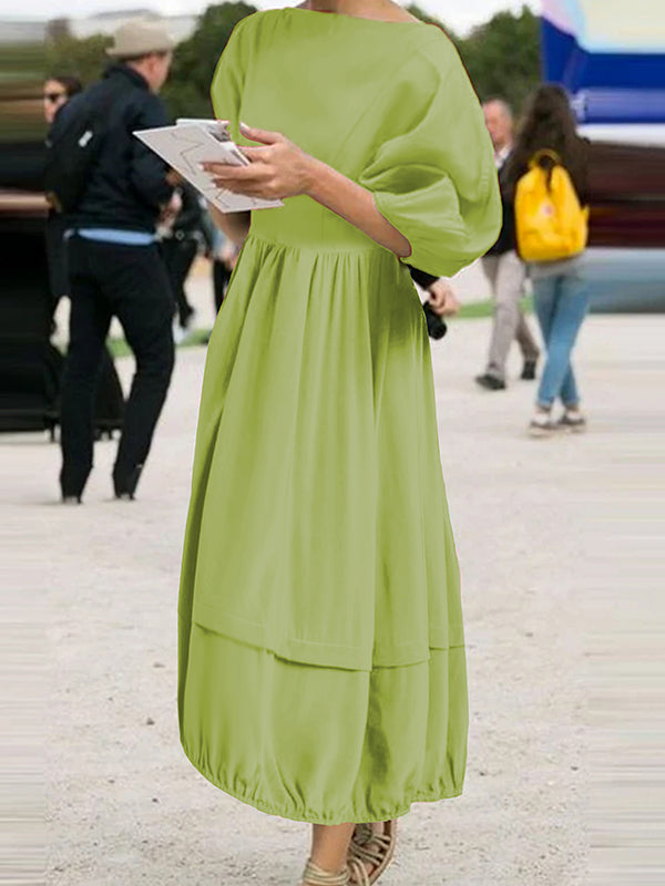 Elasticity Pleated Solid Color Split-Joint Zipper Half Sleeves Loose Boat Neck Maxi Dresses
