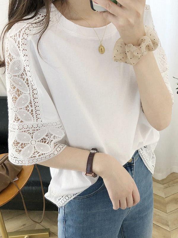 Hollow Solid Color Split-Joint Half Sleeves Loose Round-Neck T-Shirts