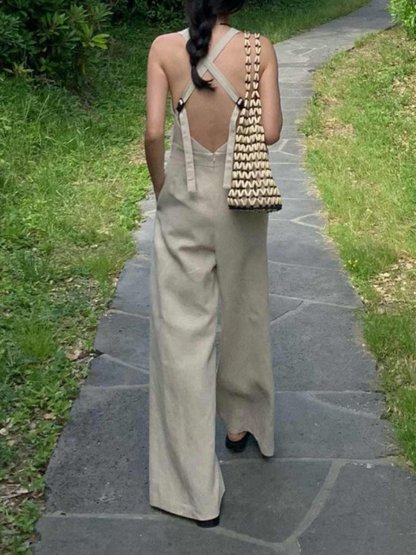 Solid Color Sleeveless Wide Leg Round-neck Jumpsuits