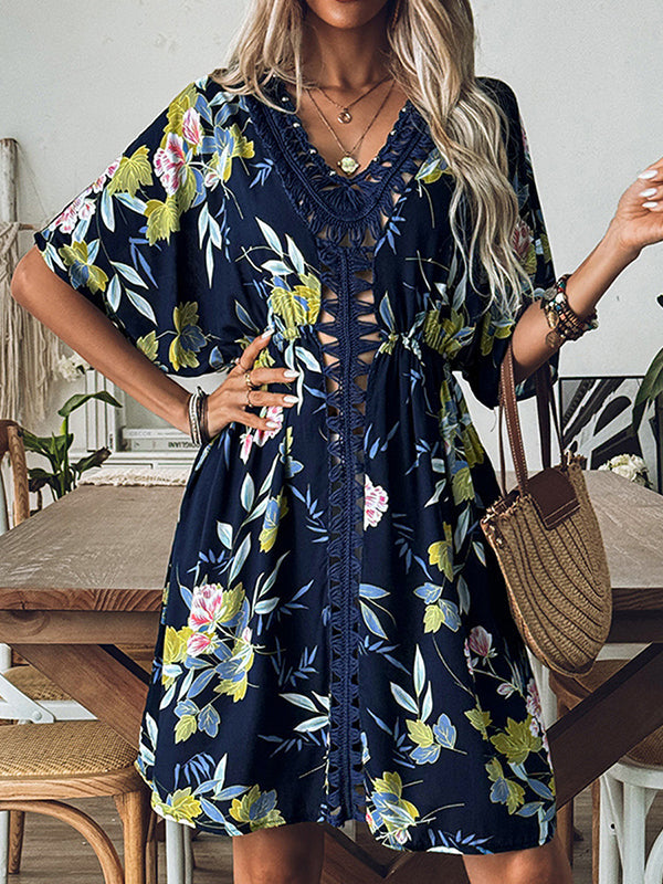Flower Print Hollow Loose Short Sleeves V-Neck Mini Dresses Cover-Up
