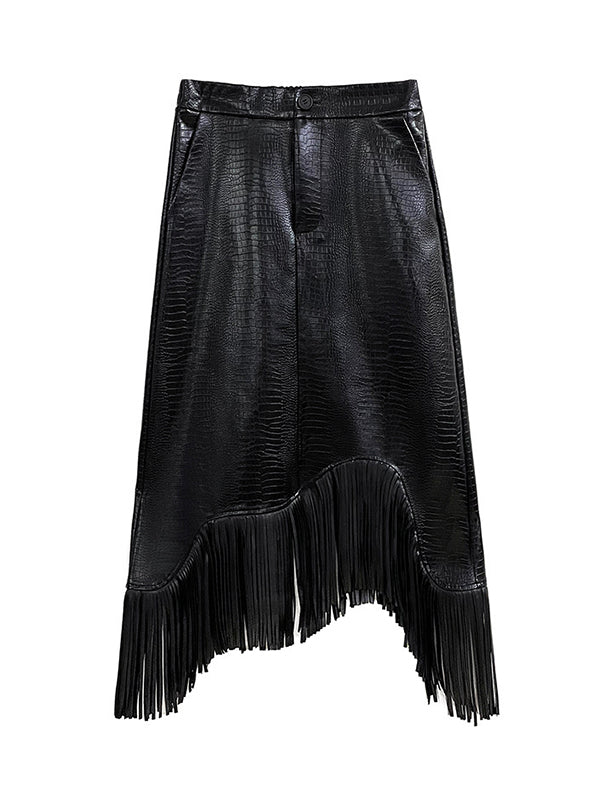Asymmetric Buttoned Crocodile Texture Solid Color Tasseled A-Line Irregularity Skirts Bottoms