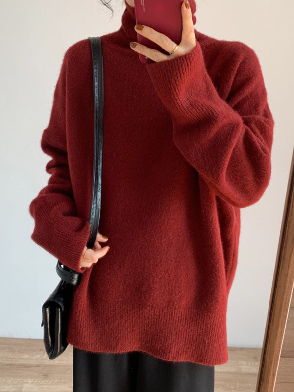 Solid Color Split-Side Long Sleeves Loose High-Neck Sweater Tops Pullovers Knitwear
