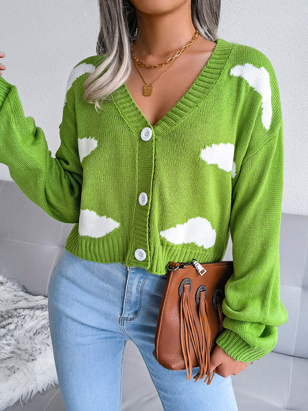 Buttoned Split-Joint Long Sleeves Loose V-Neck Cardigan Tops
