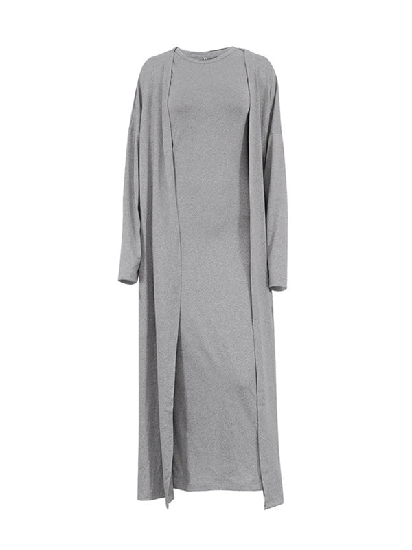 Solid Color Long Sleeves Round-Neck Inner Dress + Bodycon Outerwear Two Pieces Set