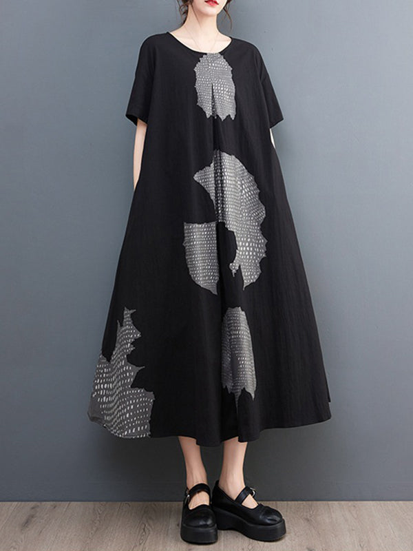 Printed A-Line Loose Round-Neck Midi Dresses