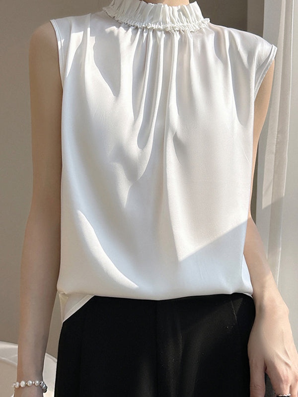 Pleated Ruffle Trim Solid Color Loose Sleeveless Stand Collar Vest Top