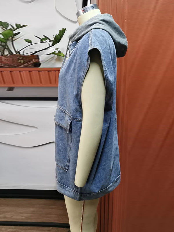 Buttoned Detachable Hooded Pockets Split-Joint Loose Sleeveless Lapel Collar Vest Outerwear