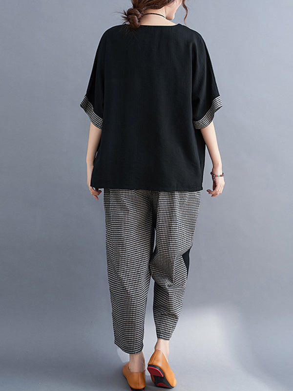 Plaid Split-Joint Asymmetric T-Shirt&Pants Suits