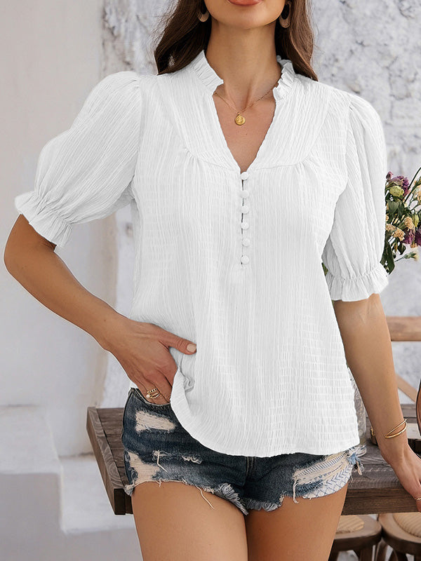 Buttoned Ruffle Trim Solid Color Flared Sleeves Half Sleeves V-neck Blouses&shirts Tops