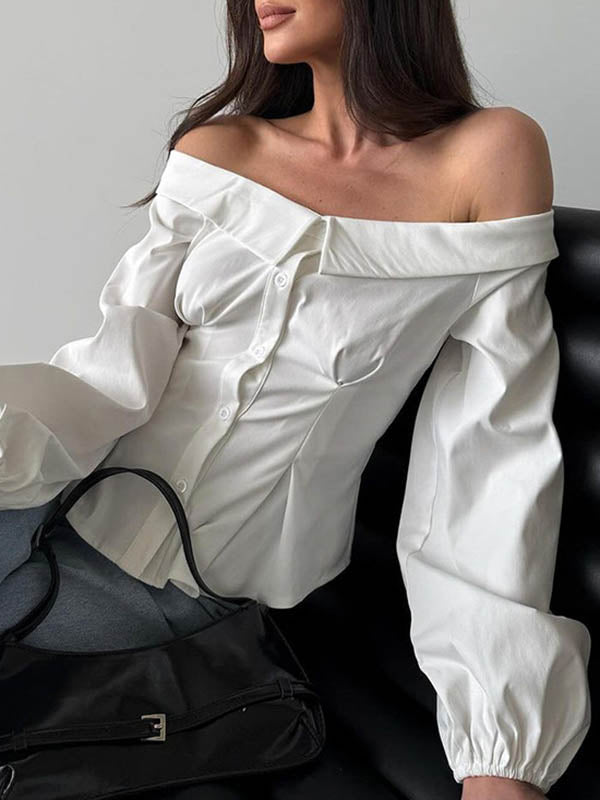 Buttoned Elasticity Pockets Solid Color Long Sleeves Loose Off-The-Shoulder Blouses&Shirts Tops