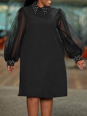 Beads Mesh Solid Color Split-Joint Puff Sleeves Round-neck Midi Dresses